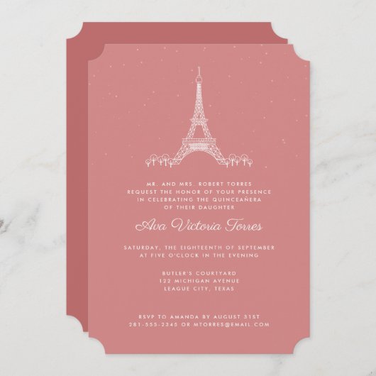 バラピンクエッフェルタワーアンダーザスターズキンセアニラ 招待状 (正面/裏面)