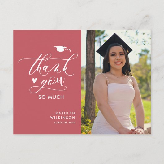 バラピンクエレガントスクリプト卒業ありがとう ポストカード (正面)