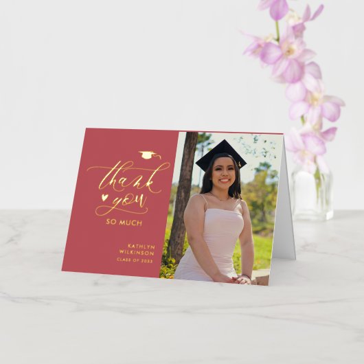 バラピンクエレガント金ゴールドスクリプト卒業ありがとう 箔グリーティングカード (蘭)