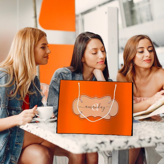 バラピンクオレンジ王室のモノグラム名ブライダル ラージペーパーバッグ