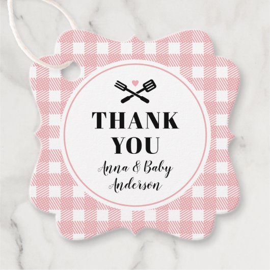 バラピンクギンガムプレイドベビーQシャワーサンキュー フェイバータグ (正面)