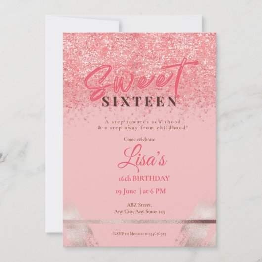 バラピンクグリッターsweet sixteen誕生日 招待状 (正面)