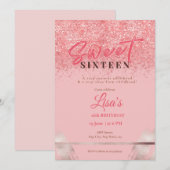 バラピンクグリッターsweet sixteen誕生日 招待状 (正面/裏面)