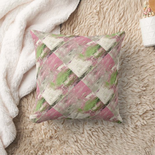 バラピンクグリーン&ホワイトモダン抽象芸術枕 クッション (ブランケット)