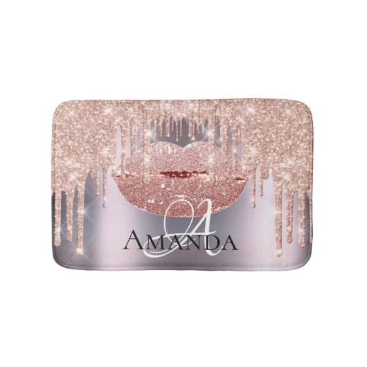 バラピンクグレーグリッター名モノグラムメイクアップ バスマット (正面)