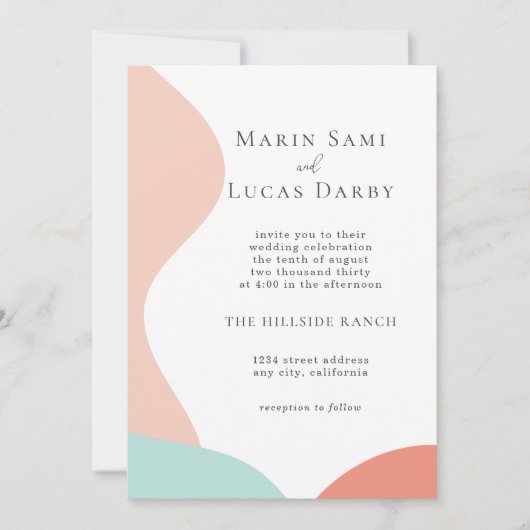 バラピンクシアンコンテンポラリー抽象芸術結婚ズ 招待状 (正面)