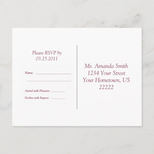 バラピンクスクウェアRSVPカード インビテーションポストカード (裏面)