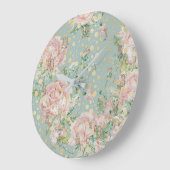 バラピンクティール(緑がかった色)金ゴールド水玉模様花柄 ラージ壁時計 (傾斜)