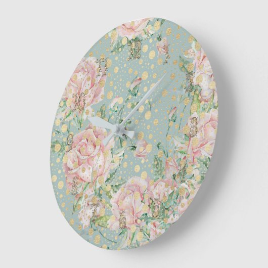 バラピンクティール(緑がかった色)金ゴールド水玉模様花柄 ラージ壁時計 (傾斜)