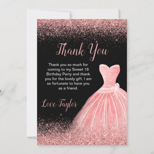 バラピンクドレスフェイクグリッタースウィート16誕生日 サンキューカード (正面)