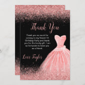 バラピンクドレスフェイクグリッタースウィート16誕生日 サンキューカード (正面/裏面)