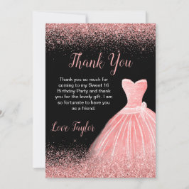 バラピンクドレスフェイクグリッタースウィート16誕生日 サンキューカード