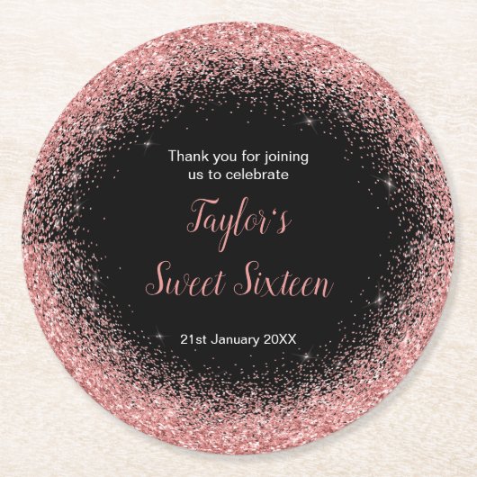 バラピンクドレスフェイクグリッタースウィート16誕生日 ラウンドペーパーコースター (正面)