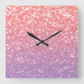 バラピンクパープルラベンダーフェイクスパークルグリッター スクエア壁時計 (正面)