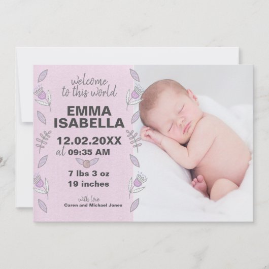 バラピンクパープル生まれたばかりのベビーガールフローラ写真 セーブザデート (正面)