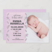 バラピンクパープル生まれたばかりのベビーガールフローラ写真 セーブザデート (正面/裏面)