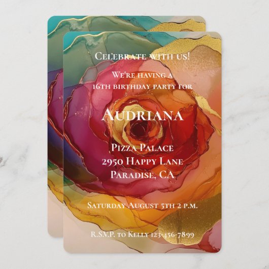 バラピンクピーチイエローフローラ誕生日 招待状 (正面/裏面)