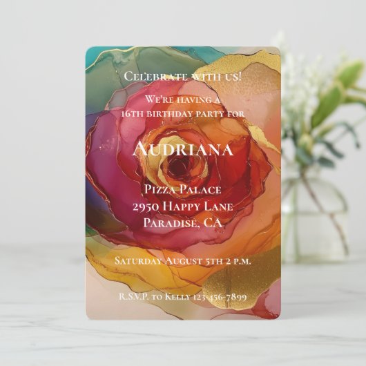 バラピンクピーチイエローフローラ誕生日 招待状 (スタンド正面)