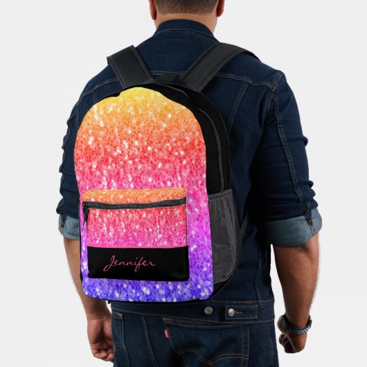 バラピンクフェイクオレンジスパークルブラック名前をカスタムする プリントバックパック (インサイチュ (モデル))