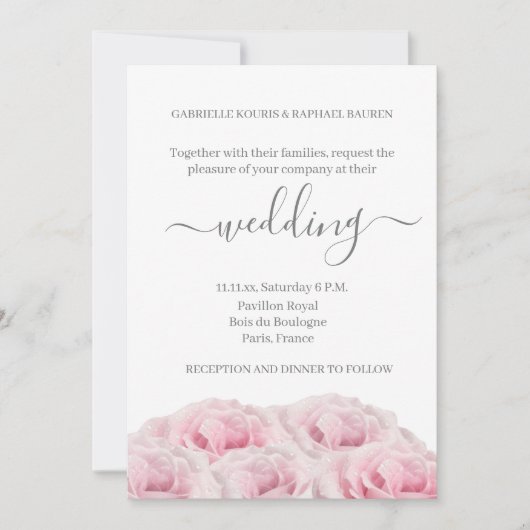 バラピンクフラワーホワイトグレーエレガントフローラ結婚ズ 招待状 (正面)