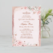 バラピンクフローラバタフライキンセアニェラ15日 箔招待状 (立ち正面)