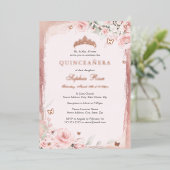 バラピンクフローラバタフライティアラキンセアニェラ15日 箔招待状 (立ち正面)