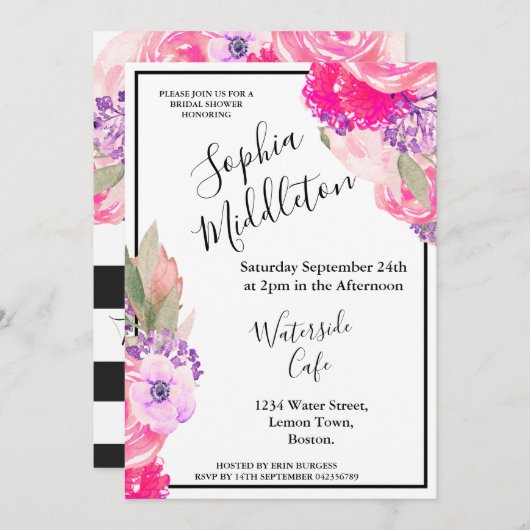 バラピンクフローラ白黒ストライプシモダンック 招待状 (正面/裏面)