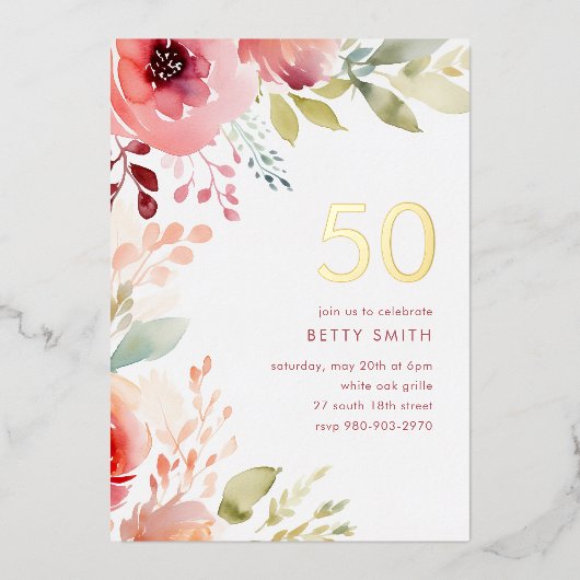 バラピンクフローラ50番目の誕生日招待状 箔招待状