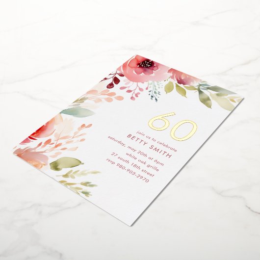 バラピンクフローラ60番目の誕生日招待状 箔招待状 (回転した状態)