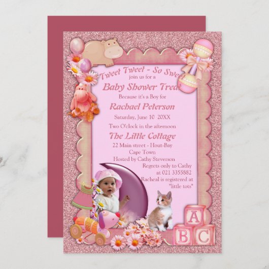 バラピンクベビーガールシャワーツイート招待状 サンキューカード (正面/裏面)