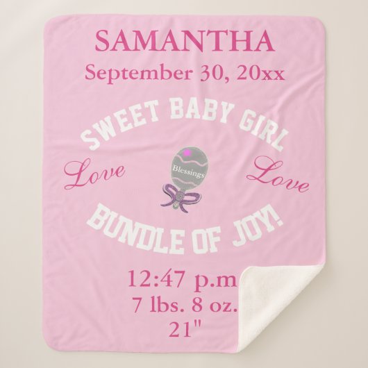 バラピンクベビーガール誕生統計 シェルパブランケット (正面)
