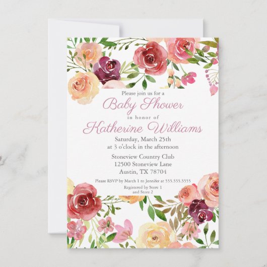 バラピンクベビーシャワー牡丹エレガントフローラガーデン 招待状 (正面)