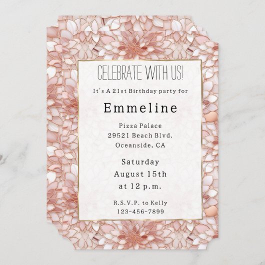 バラピンクホワイト花びらフローラ 招待状 (正面/裏面)