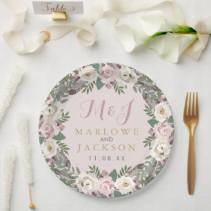 バラピンクムーディフローラボホ結婚ズモノグラム ペーパープレート