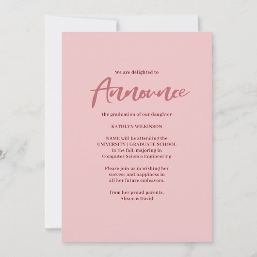 バラピンクモダンスクリプトアーチ写真コラージュGRAD 案内状 (裏面)