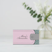 バラピンクレザールックとパターングレー、ティール（緑がかった色） 名刺 (スタンド正面)