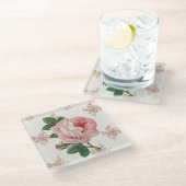 バラピンクヴィンテージ花柄のバラ ガラスコースター (アングル)