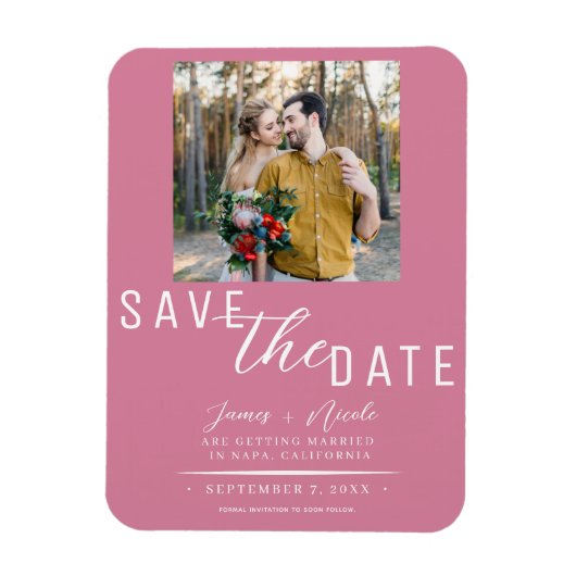バラピンク日付写真を保存結婚する マグネット (縦)