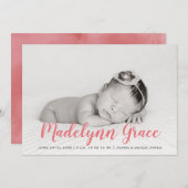 バラピンク水彩少女の写真の誕生のお知らせ 招待状 (正面/裏面)