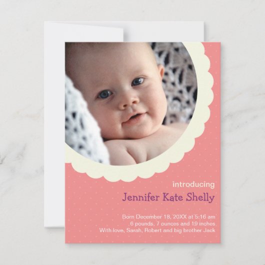 バラピンク水玉模様ロゼット写真かわいいベビー誕生 案内状 (正面)