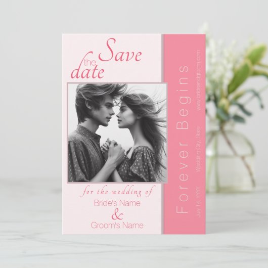 バラピンク永遠に結婚式を始める日付を保存 招待状 (スタンド正面)
