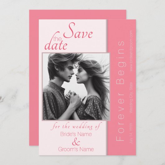 バラピンク永遠に結婚式を始める日付を保存 招待状 (正面/裏面)