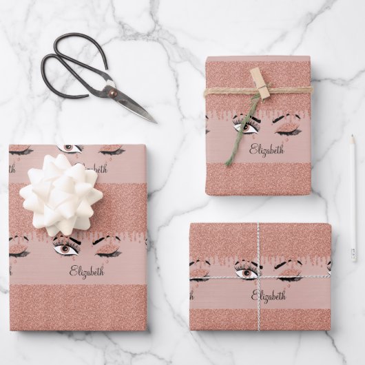 バラピンク金ゴールドまつげ滴下グリッター名 ラッピングペーパーシート (正面)