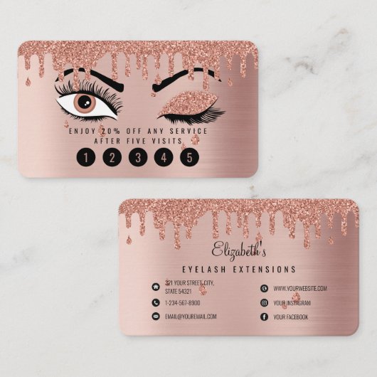 バラピンク金ゴールドまつ毛グリッターロイヤリティカード 名刺 (正面/裏面)