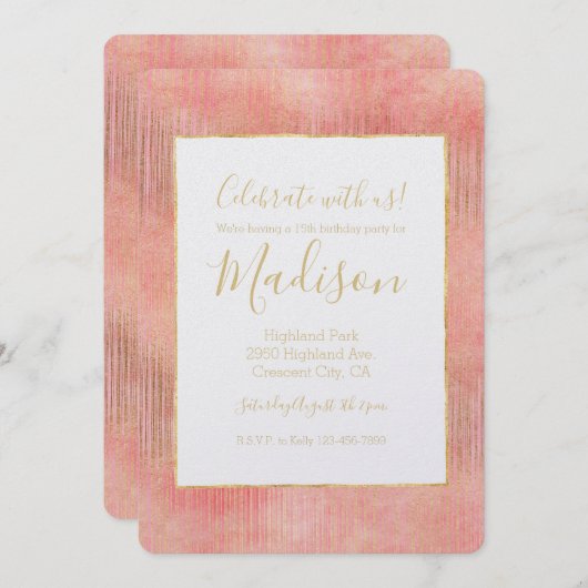 バラピンク金ゴールドストライプ 招待状 (正面/裏面)