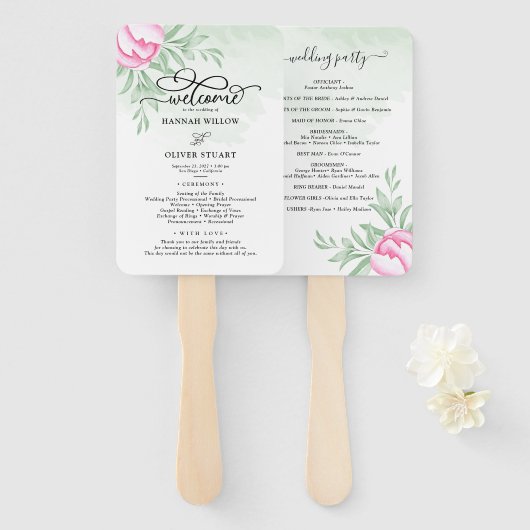 バラピンク金ゴールドフローラ緑結婚式 プログラム ハンドファン (正面&裏面)