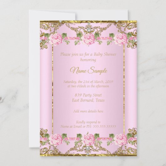 バラピンク金ゴールドホワイトプリンセスベビーシャワーエスニック 招待状 (裏面)