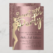 バラピンク金ゴールド紙吹雪スウィート16位パーティー 招待状 (正面/裏面)