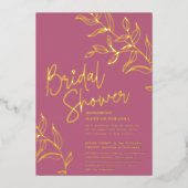 バラピンク金ゴールド葉ブライダルシャワー 箔招待状 (正面)