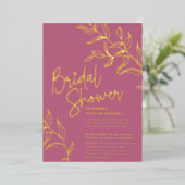 バラピンク金ゴールド葉ブライダルシャワー 箔招待状 (立ち正面)